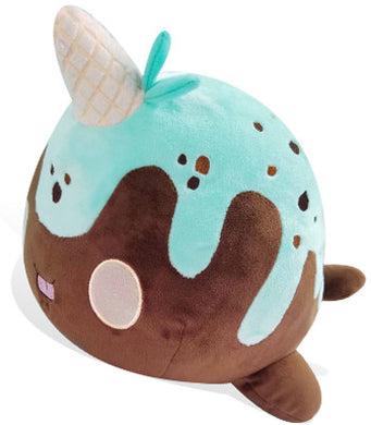 Brown and mint colored narwhal plush with ice cream details and spotted detail on back.